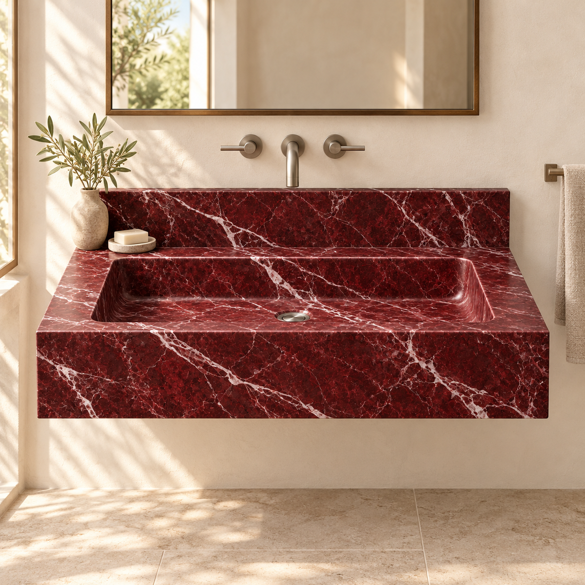 Monolith Rosso Levanto Deep Apron Floating Marble Sink, styled bathroom view, design rendering