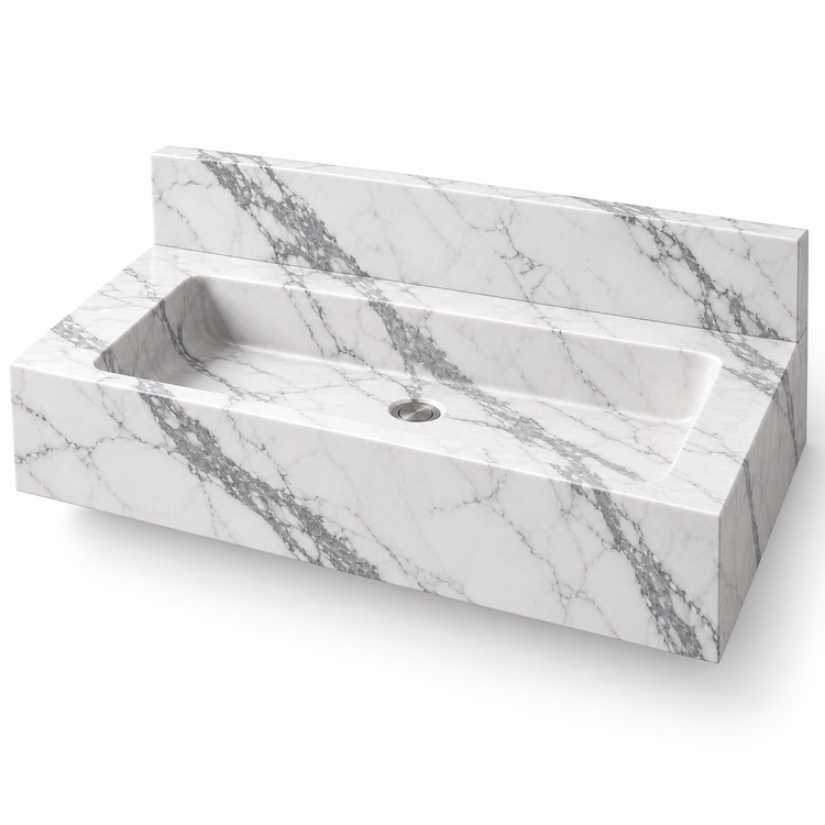 Monolith Statuario Deep Apron Floating Marble Sink, three-quarter view on white, design rendering