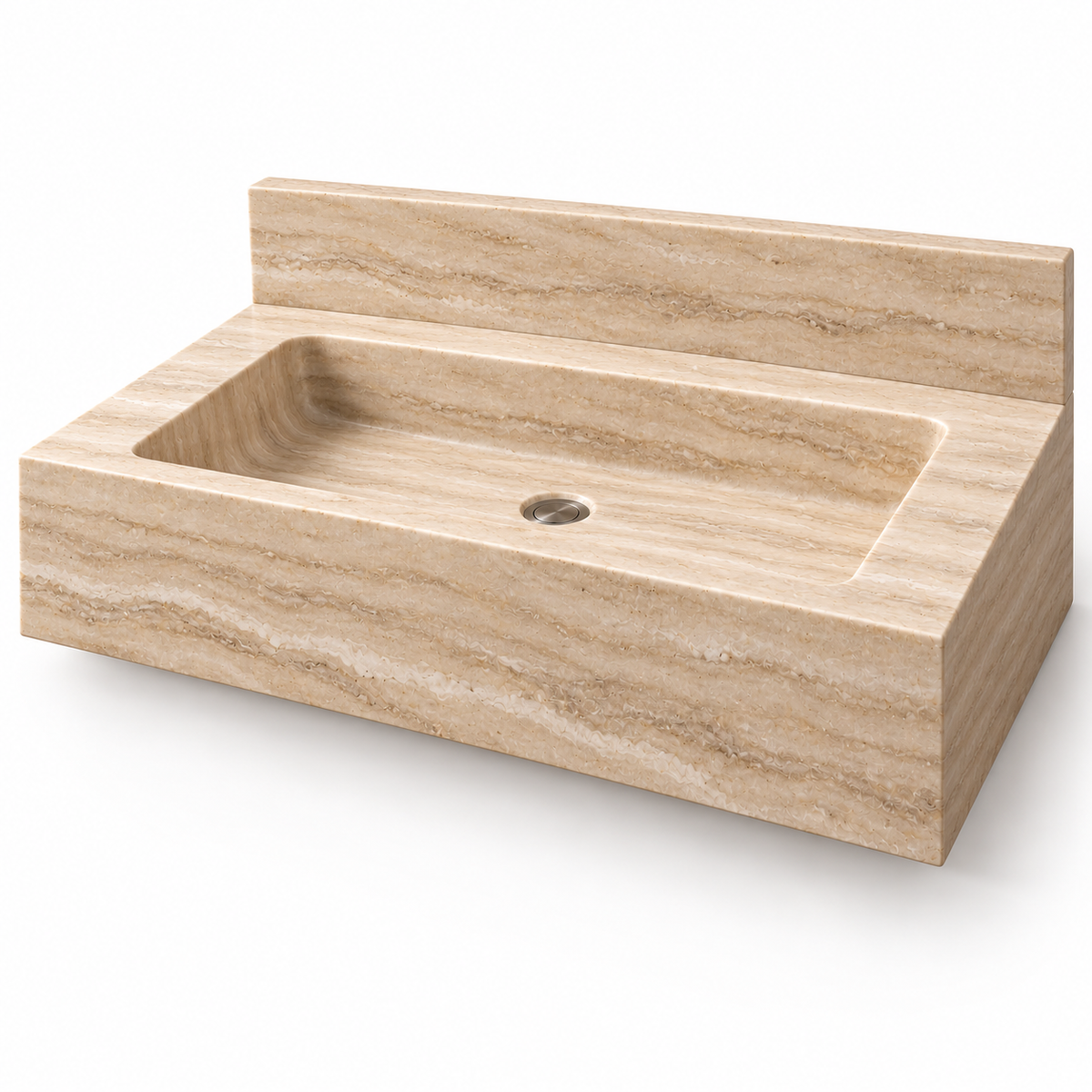 Monolith Travertine Deep Apron Floating Stone Sink, three-quarter view on white, design rendering