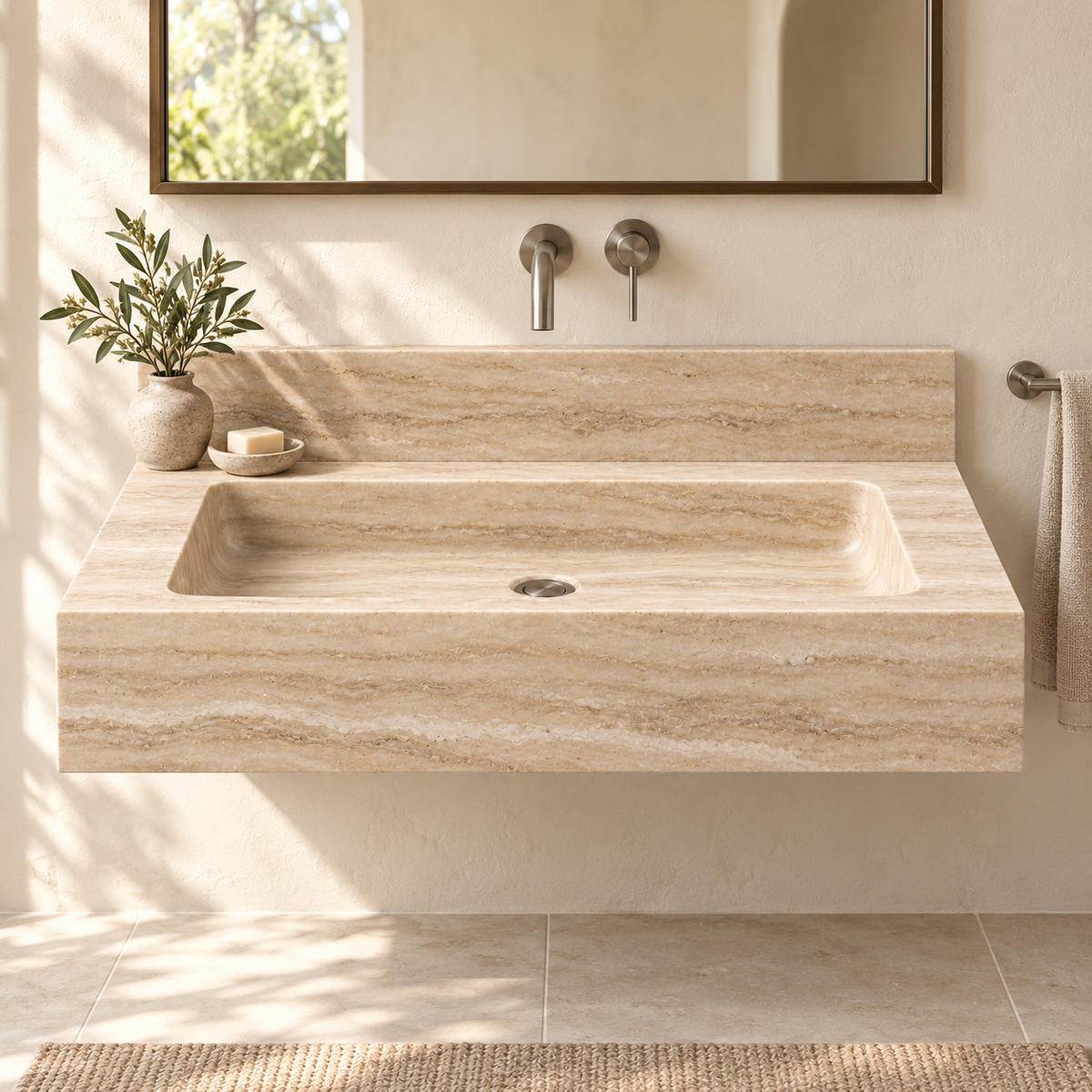 Monolith Travertine Deep Apron Floating Stone Sink, styled bathroom view, design rendering