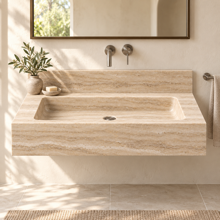Monolith Travertine Deep Apron Floating Stone Sink, styled bathroom view, design rendering