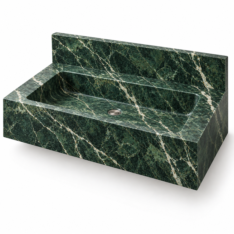 Monolith Verde Alpi Deep Apron Floating Marble Sink, three-quarter view on white, design rendering