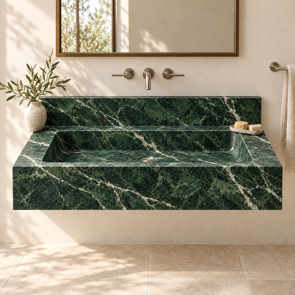 Monolith Verde Alpi Deep Apron Floating Marble Sink, styled bathroom view, design rendering