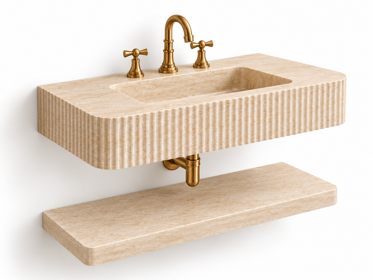 Natural Travertine Floating Sink with Shelf, side view (design rendering)