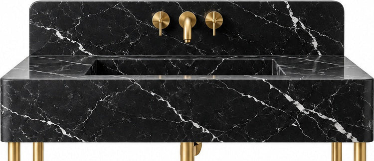Nero Marquina Black Marble Console Vanity with Brass Legs, Shelf & Backsplash - basin and stone apron detail