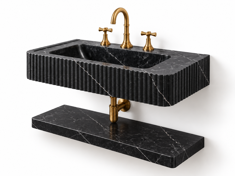 Nero Marquina Black Marble Sink with Shelf, side view (design rendering)
