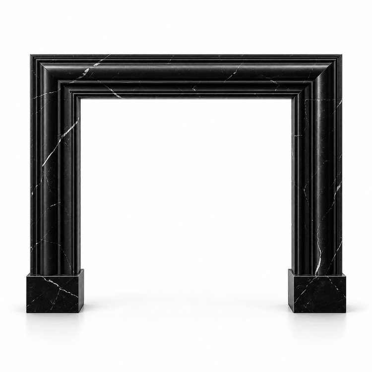Nero Marquina Bolection Marble Fireplace Surround on white background