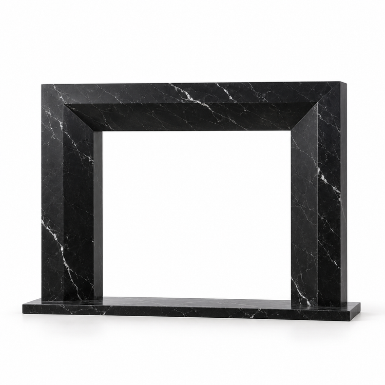 Nero Marquina Chamfered Frame Marble Fireplace Surround with Hearth on white background