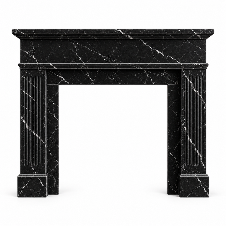 Nero Marquina Classic Fluted Marble Fireplace Mantel on white background