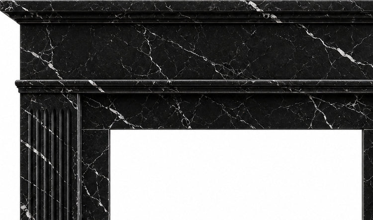 Nero Marquina Classic Fluted Marble Fireplace Mantel - upper mantel and carved profile detail