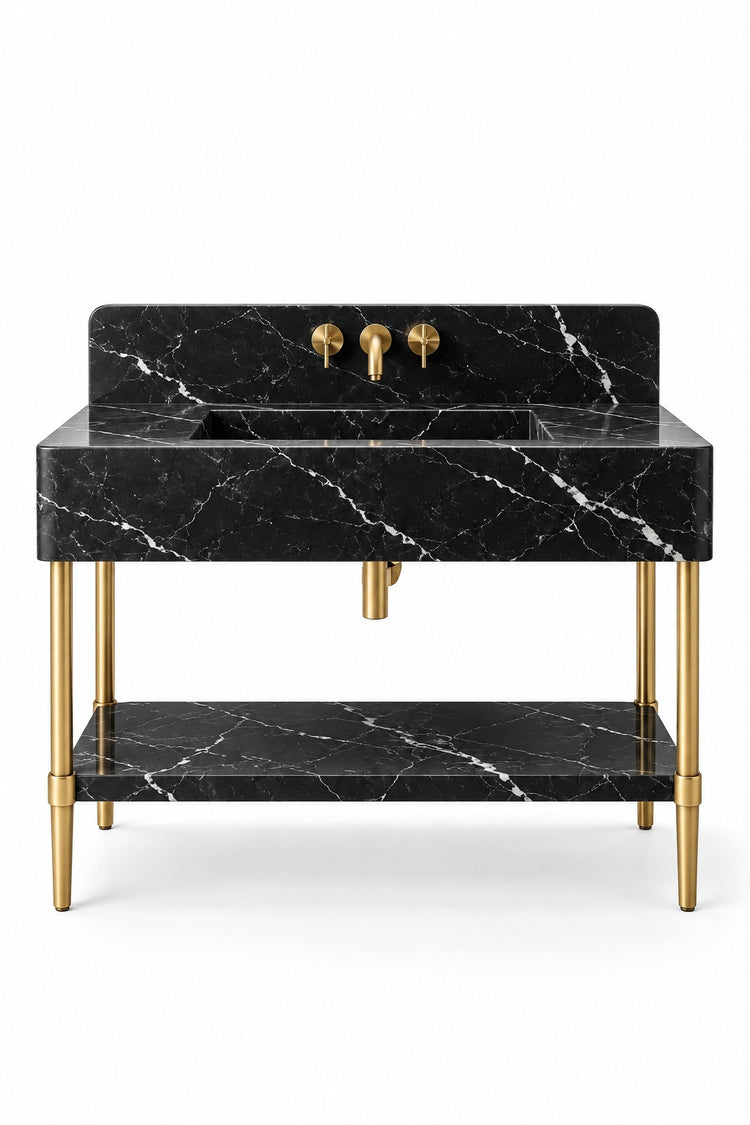 Nero Marquina marble console bathroom vanity with straight backsplash, matching marble shelf and brass finish legs, white background digital design visualization