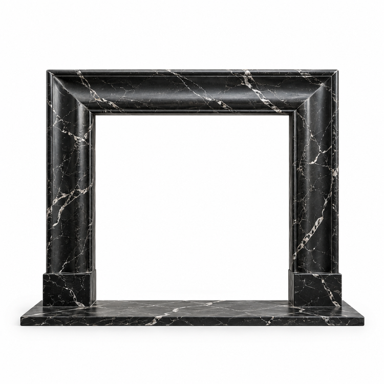 Nero Marquina Coved Frame Marble Fireplace Mantel with Hearth on white background
