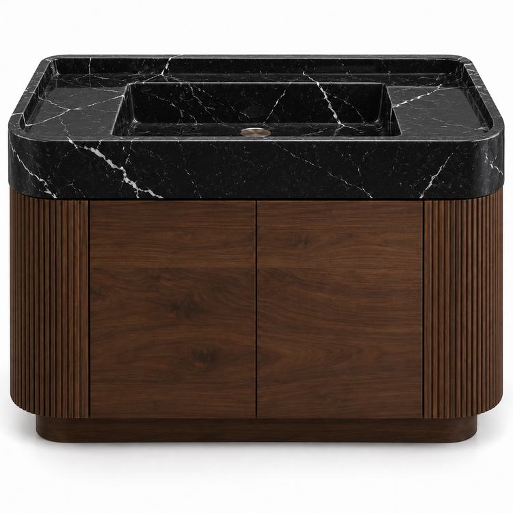 Nero Marquina integrated sink with curved dark walnut vanity and fluted sides, front view