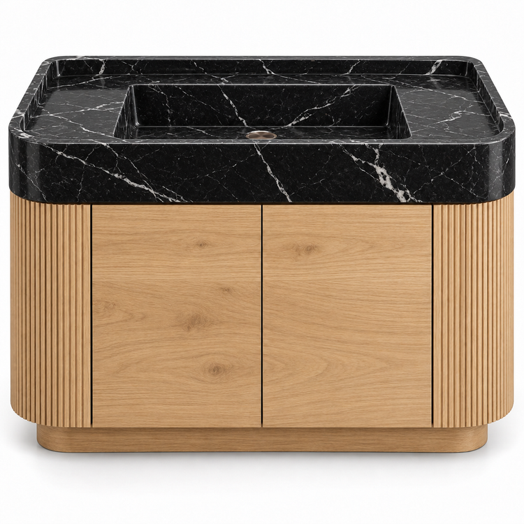 Nero Marquina integrated sink with curved natural oak vanity and fluted sides, front view