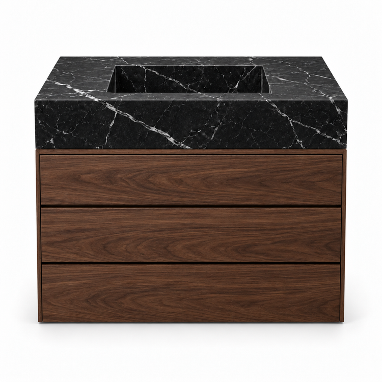 Nero Marquina integrated stone sink with dark walnut three-drawer vanity, front view
