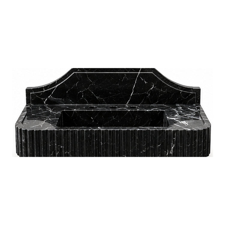Nero Marquina fluted marble sink with sculpted arched backsplash and integrated basin on white background, design visualization