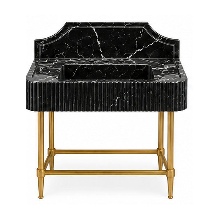 Nero Marquina fluted marble console sink with curved backsplash and brass legs, white background digital design visualization