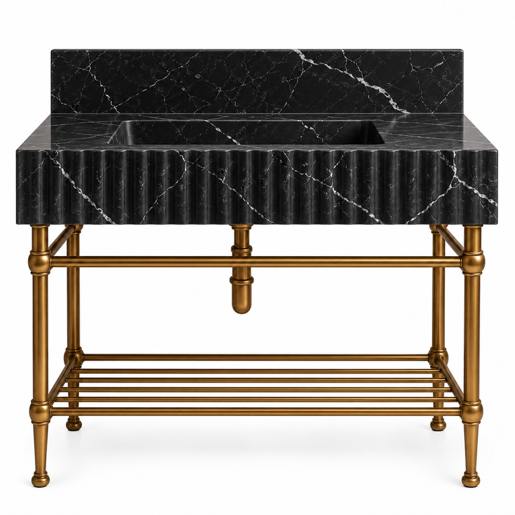 Nero Marquina fluted console sink, backsplash and brass rack shelf, front view