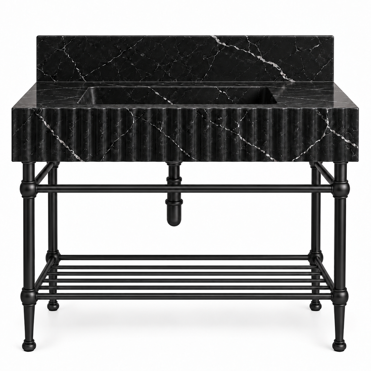 Nero Marquina fluted sink with matte black console legs and lower shelf, front view