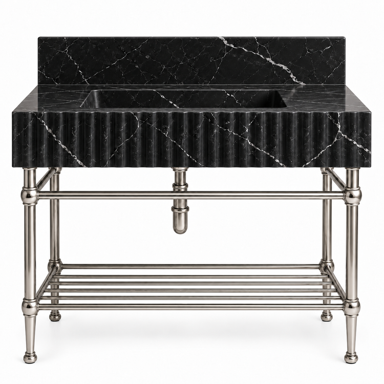 Nero Marquina fluted console sink in Polished Nickel