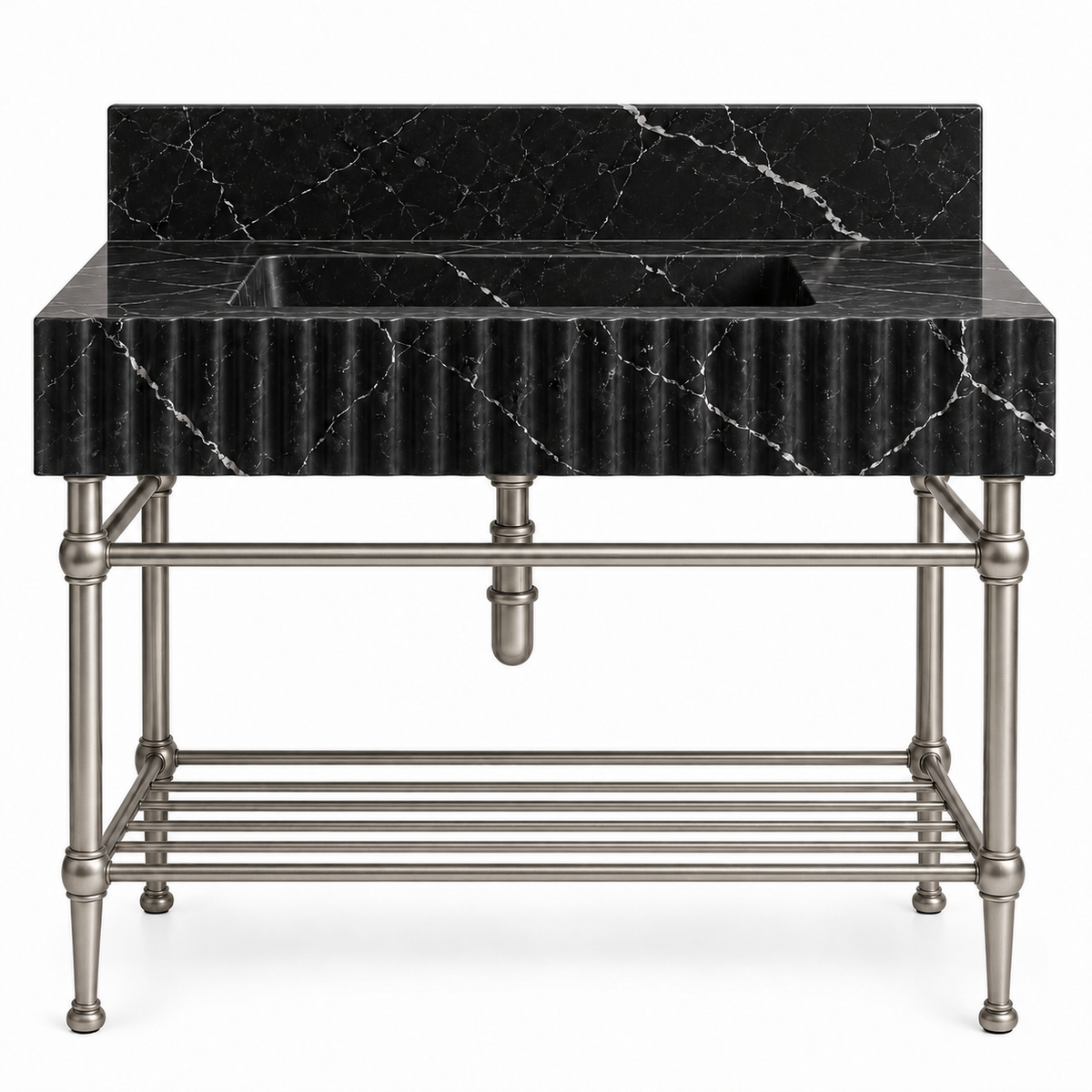 Nero Marquina fluted console sink in Satin Nickel