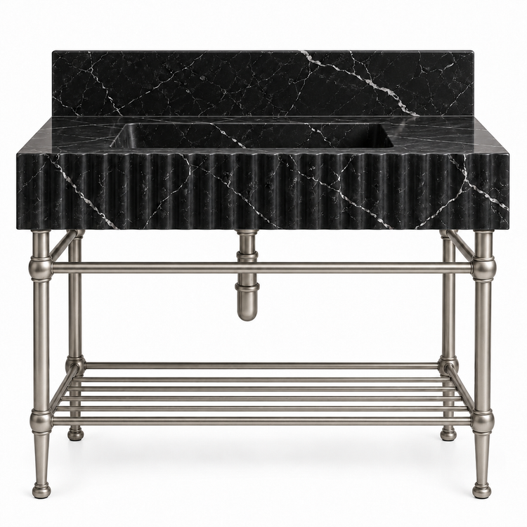 Nero Marquina fluted console sink in Satin Nickel
