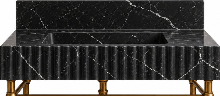 Nero Marquina Marble Fluted Console Sink with Backsplash and Metal Legs and Rack Shelf - basin and stone apron detail