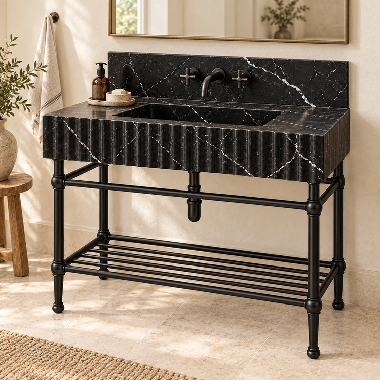 Nero Marquina Marble Fluted Console Sink with Backsplash and Matte Black Legs, styled bathroom with faucet mounted through stone backsplash, design rendering
