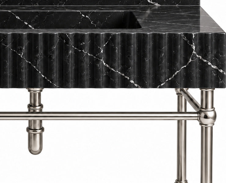 Nero Marquina Marble Fluted Console Sink with Backsplash and Nickel Legs - stone texture and metal support detail