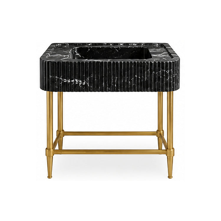 Nero Marquina fluted integrated marble sink vanity with brass finish metal console legs on a white background, design visualization