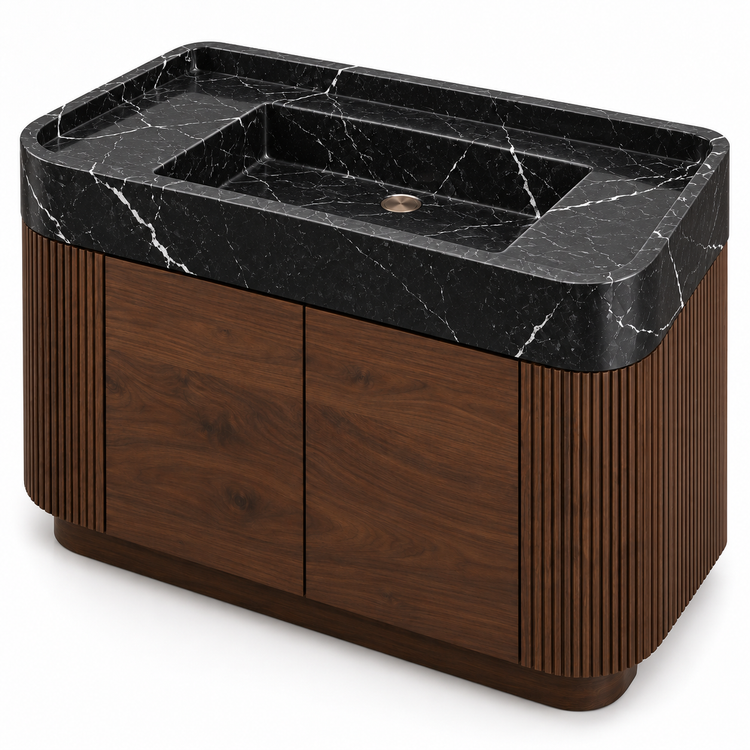 Nero Marquina Integrated Marble Sink with Curved Dark Walnut Vanity, alternate angle on white, design rendering