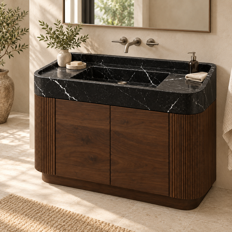 Nero Marquina Integrated Marble Sink with Curved Dark Walnut Vanity, styled bathroom view, design rendering