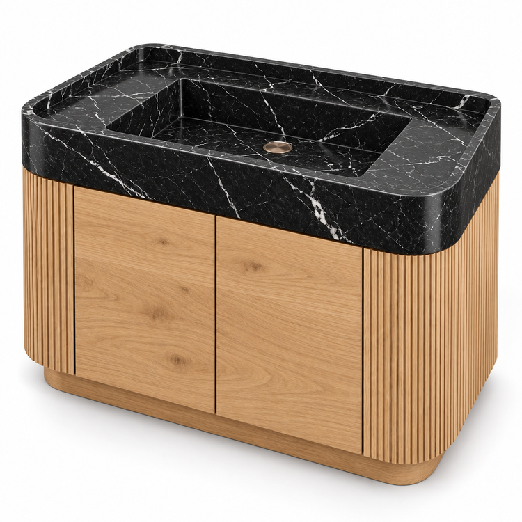 Nero Marquina Integrated Marble Sink with Curved Oak Vanity, three-quarter view on white, design rendering