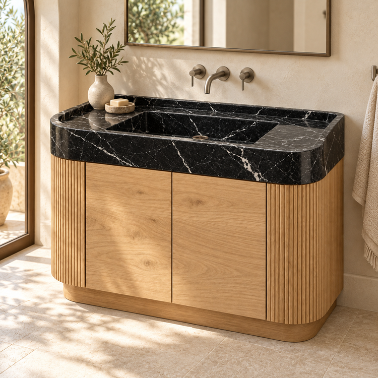Nero Marquina Integrated Marble Sink with Curved Oak Vanity, styled bathroom view, design rendering
