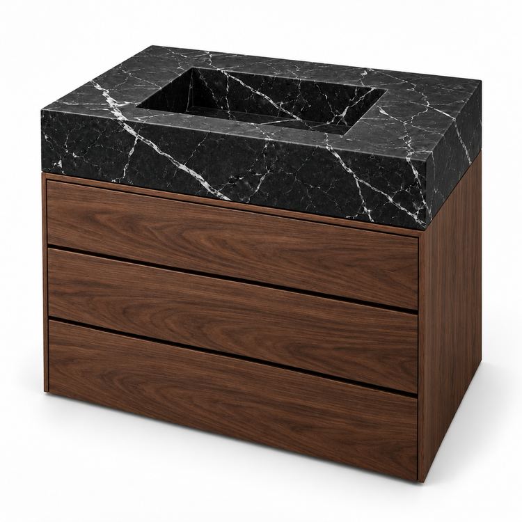 Nero Marquina Integrated Marble Sink with Three-Drawer Dark Walnut Vanity, three-quarter view on white, design rendering