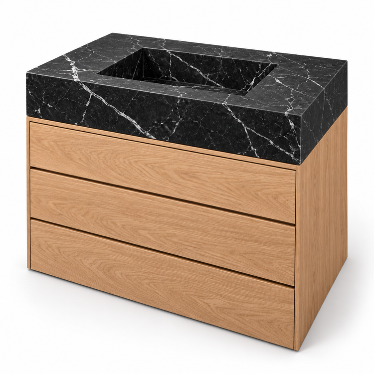 Nero Marquina Integrated Marble Sink with Three-Drawer Oak Vanity, three-quarter view on white, design rendering