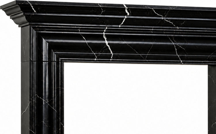 Nero Marquina Layered Cornice Bolection Marble Fireplace Surround - upper mantel and carved profile detail