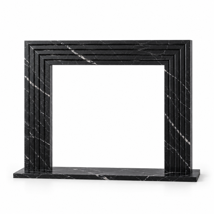 Nero Marquina Linear Stepped Marble Fireplace Surround with Hearth on white background