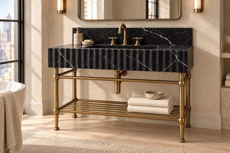 Nero Marquina Marble Fluted Console Sink with Backsplash and Metal Legs and Rack Shelf, installed room hero, lifestyle design rendering