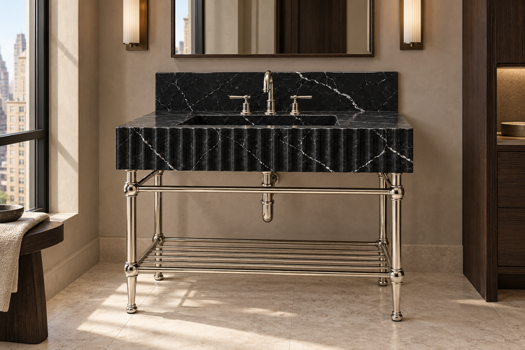 Nero Marquina Marble Fluted Console Sink with Backsplash and Nickel Legs, installed room hero, lifestyle design rendering