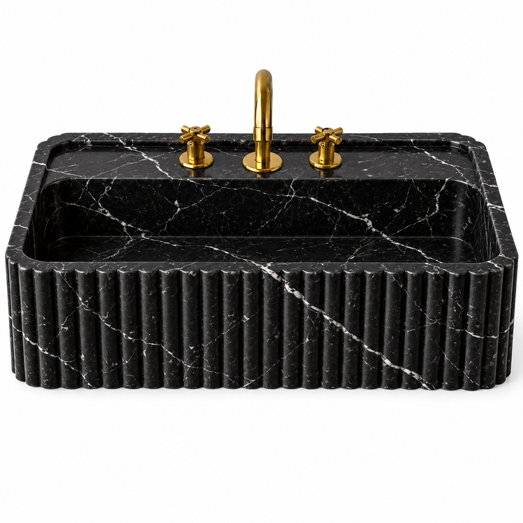 Nero Marquina Marble rounded fluted bathroom sink, illustrative rendering