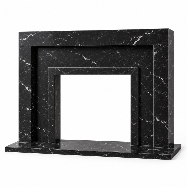 Nero Marquina Stepped Portal Marble Fireplace Surround with Hearth on white background