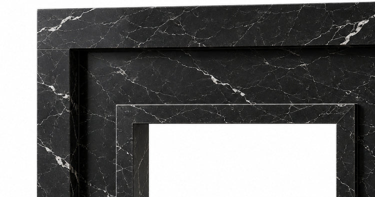 Nero Marquina Stepped Portal Marble Fireplace Surround with Hearth - upper mantel and carved profile detail