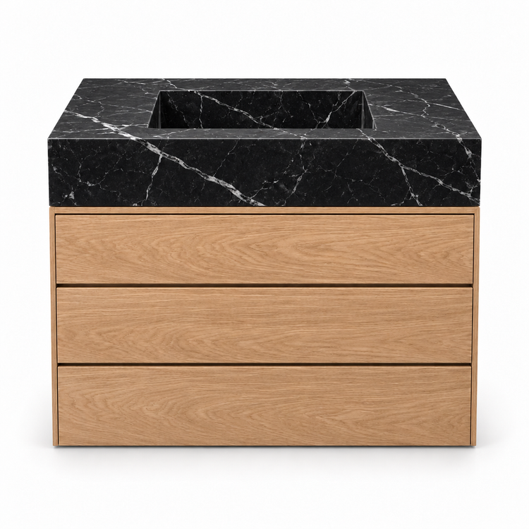 Nero Marquina integrated sink and oak three-drawer vanity, front view