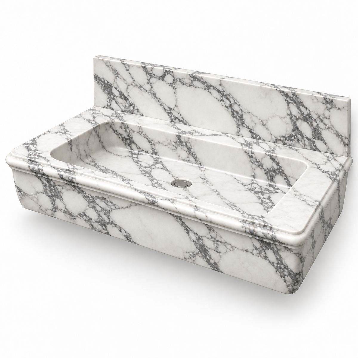 Ogee Arabescato Classic Profile Floating Marble Sink, three-quarter view on white, design rendering