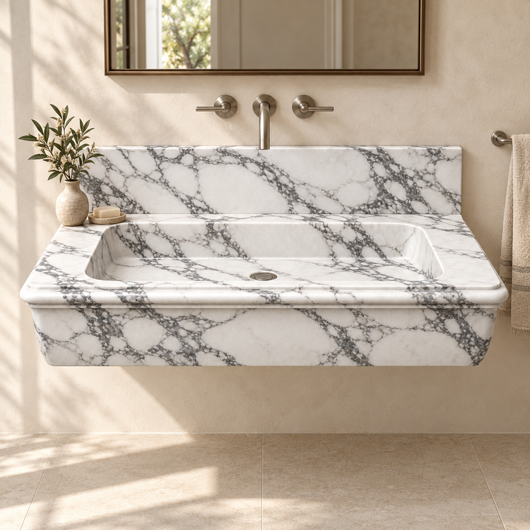Ogee Arabescato Classic Profile Floating Marble Sink, styled bathroom view, design rendering