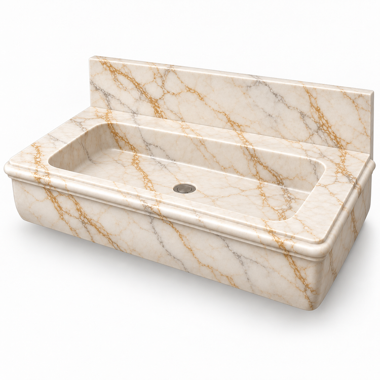 Ogee Calacatta Gold Classic Profile Floating Marble Sink, three-quarter view on white, design rendering