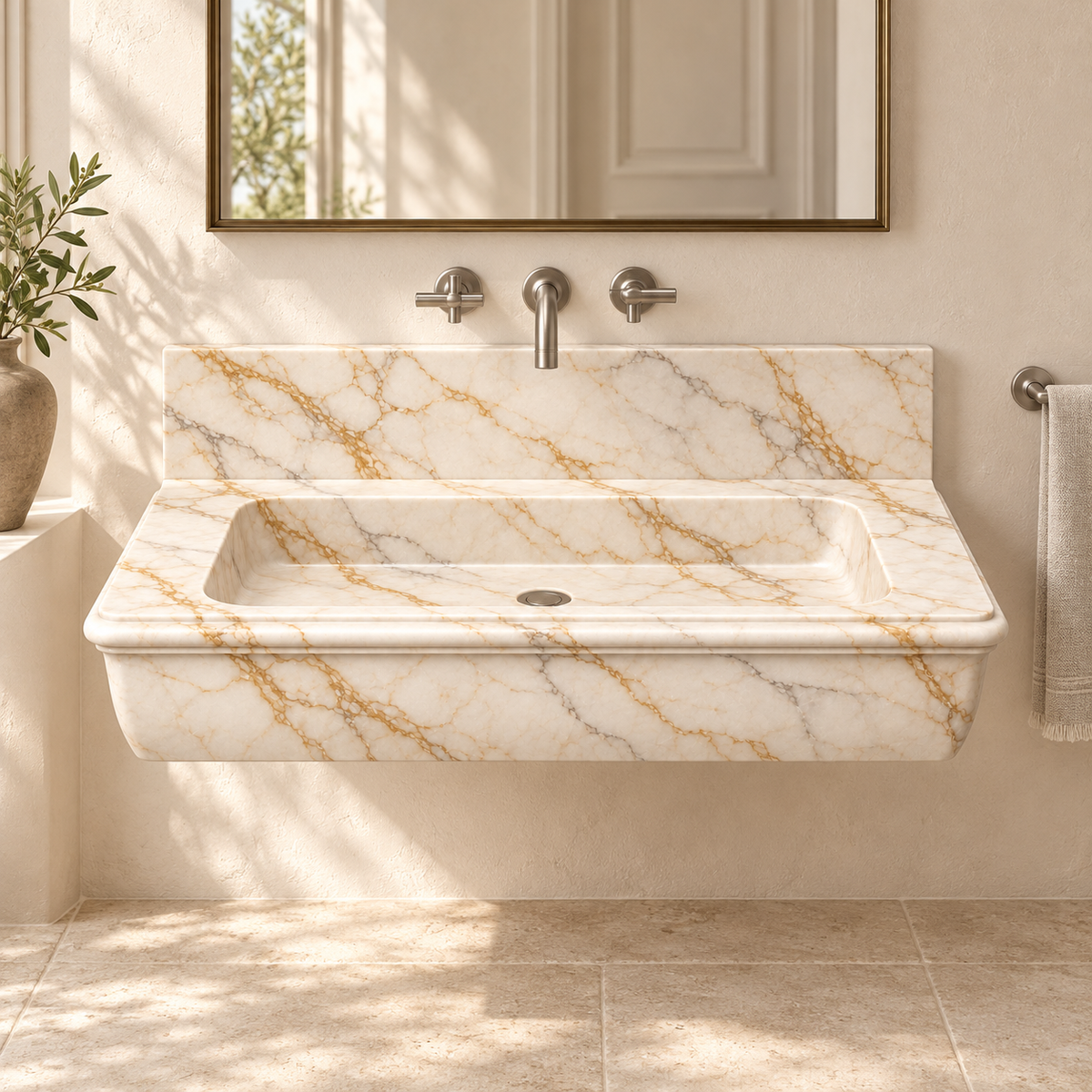 Ogee Calacatta Gold Classic Profile Floating Marble Sink, styled bathroom view, design rendering