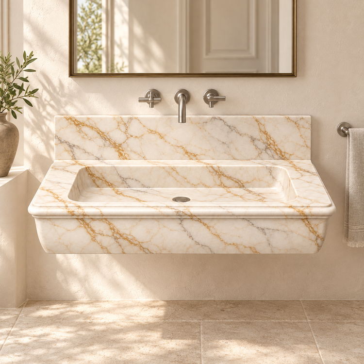 Ogee Calacatta Gold Classic Profile Floating Marble Sink, styled bathroom view, design rendering