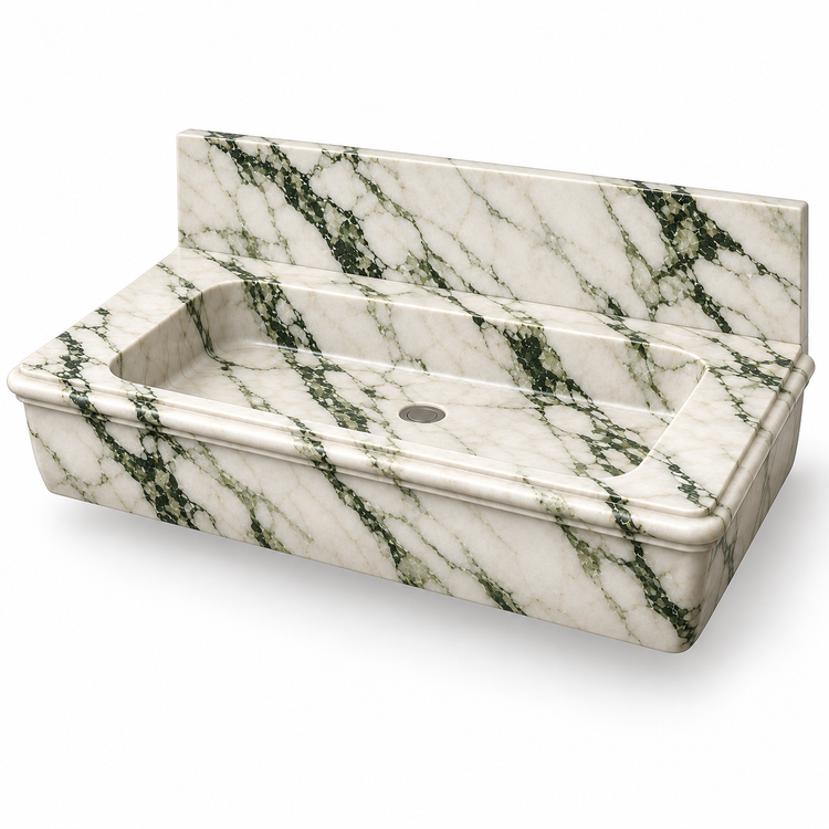 Ogee Calacatta Green Classic Profile Floating Marble Sink, three-quarter view on white, design rendering
